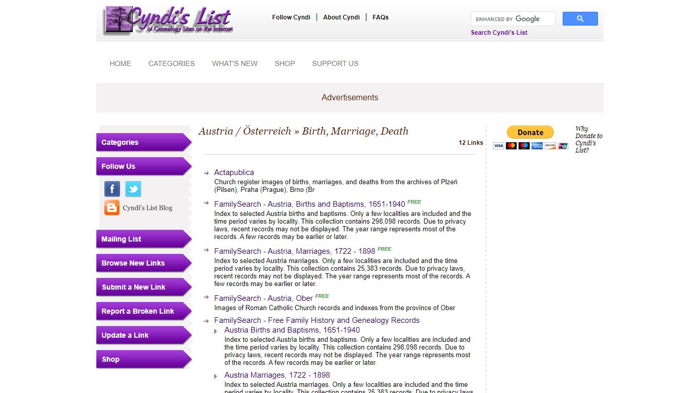 Cyndi's List - Austria / Österreich - Birth, Marriage, Death